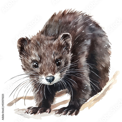 Mink Close Up, watercolor illustration vector, isolated on a white background.