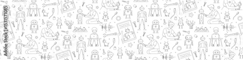 STEM Education Seamless Pattern with Kids and Robots Line Art Vector