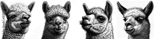 Engraved vector illustration llamas for design projects, isolated on transparent background