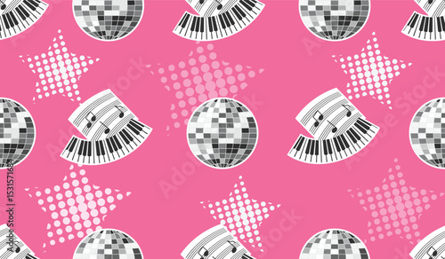 Musical seamless pattern with keyboard instrument, notes and disco ball. White and grey colors on pink background with halftone stars.Vector design for printing on fabric and paper, wallpaper, cover.
