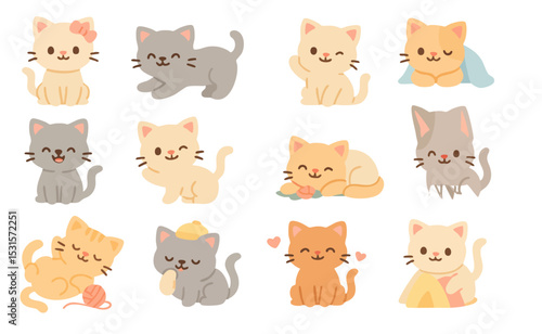 Vector set of adorable kittens in playful and relaxed poses. Ideal for kids’ products, pet-themed designs, stickers, and cute animal illustrations.