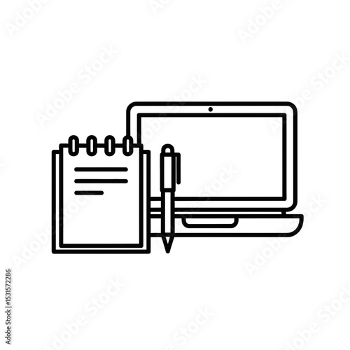 Remote work icon featuring a laptop, notebook, and pen
