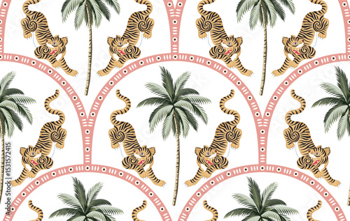 Tiger animal, arch, tropical palm tree seamless pattern. Summer  jungle print.	
