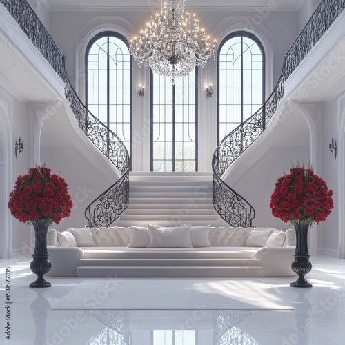 Luxurious grand staircase with white sofas and red roses