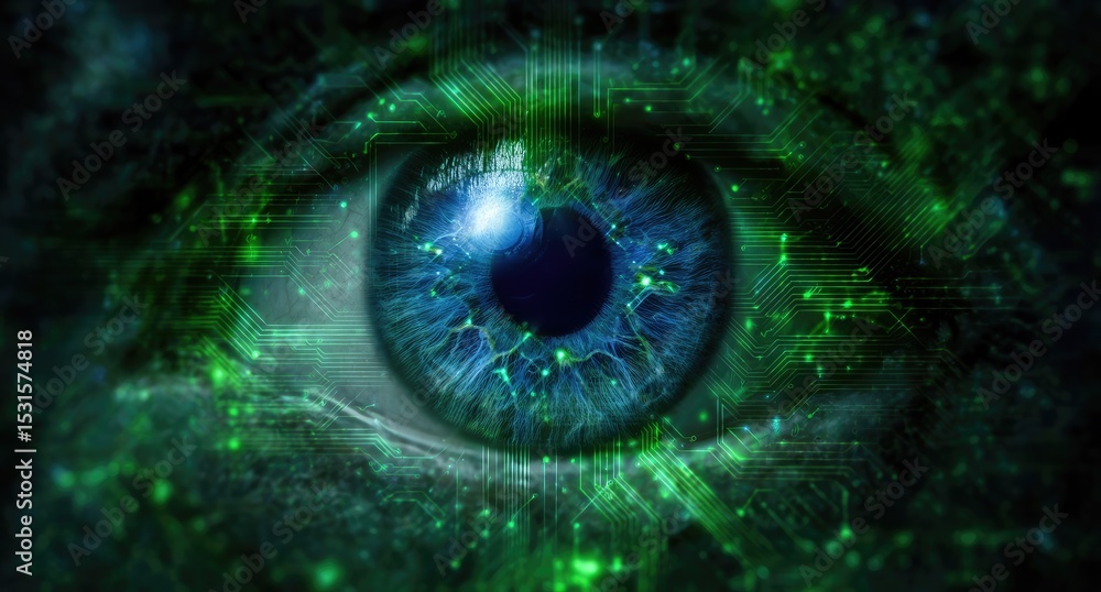 Naklejka premium Digital eye, vibrant green and blue, intricate details