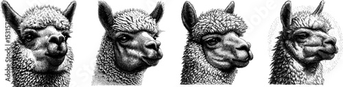 Engraved illustration fluffy alpaca faces for art and vector design