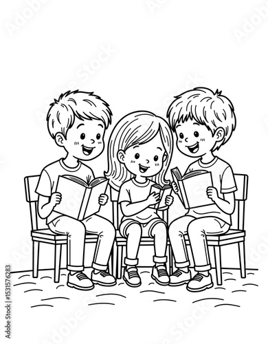 Three children reading books together in classroom setting - Back to School coloring page for kids 5 - 8 years old  