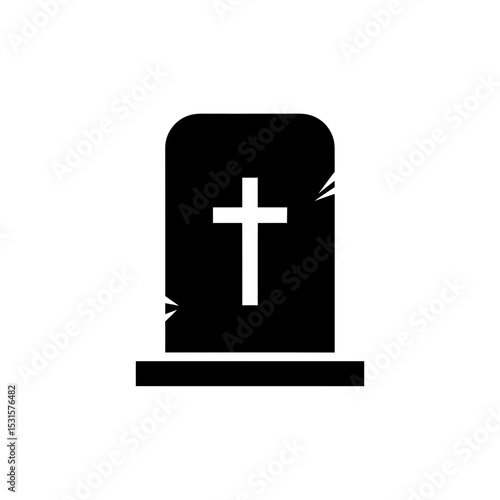 Vector icon of a cracked tombstone with a cross for Halloween