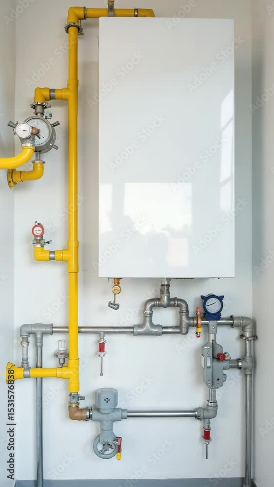Modern gas boiler system installation in white room. Gas boiler with pipes and gauges. Efficient heating system for home or apartment. This gas boiler provides warmth and comfort. Modern gas boiler system installation in white room. Gas boiler with pipes and gauges. Efficient heating system for home or apartment. This gas boiler provides warmth and comfort.