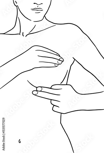 Breast self—examination is a contour illustration.
A linear drawing of a woman performing breast palpation to detect neoplasms. Visual instructions for breast cancer prevention.