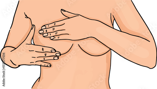  Breast self—examination - vector illustration.
Vector image of a woman performing breast palpation to identify possible seals. Educational topic of breast cancer prevention.