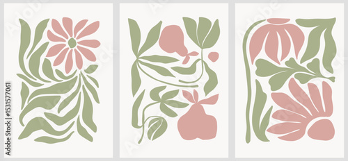 Abstract groovy posters flowers in beige tones. Modern trendy Minimal style. Hand drawn design for wallpaper, wall decor, print, postcard, cover, template, banner.