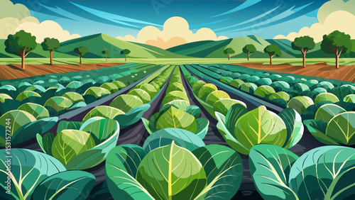 cabbage plantations grow in the field. vegetable rows. farming, agriculture. Landscape with agricultural land. crops. selective focus
