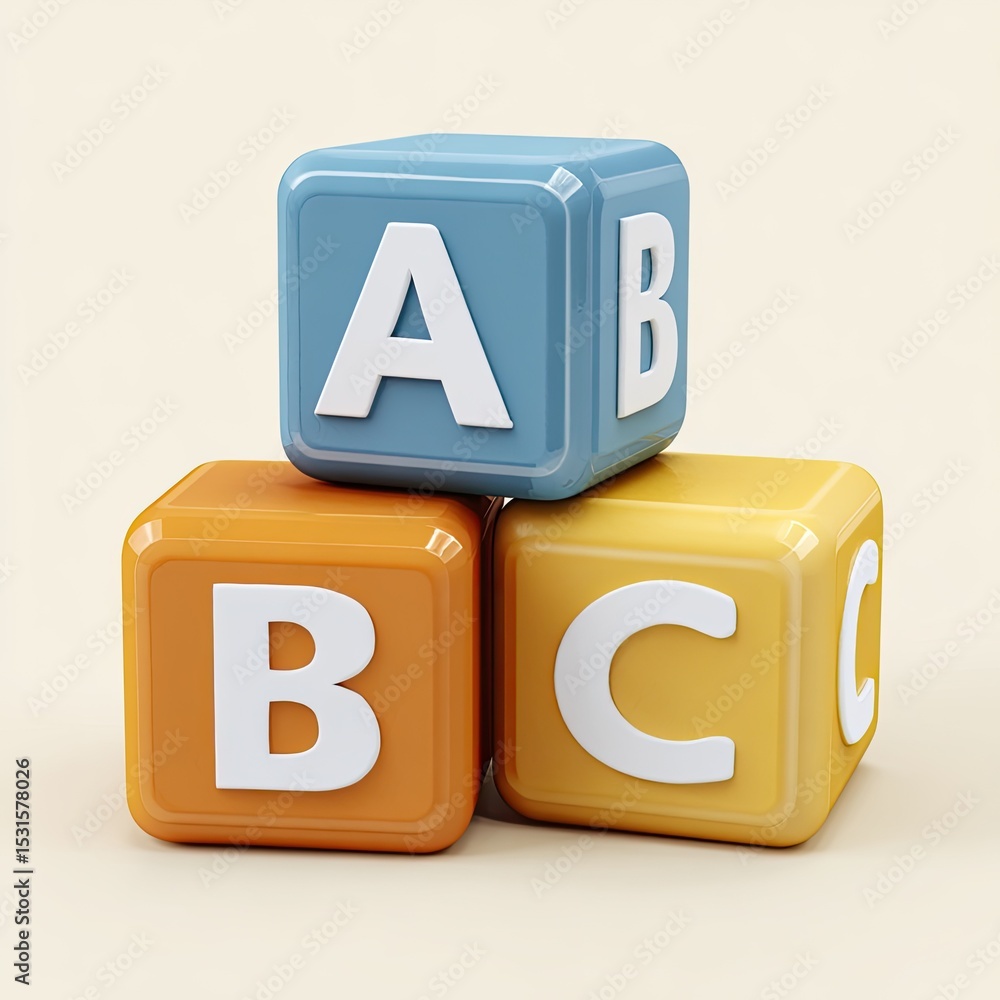 Three colorful children's alphabet blocks stacked Three colorful children's alphabet blocks stacked