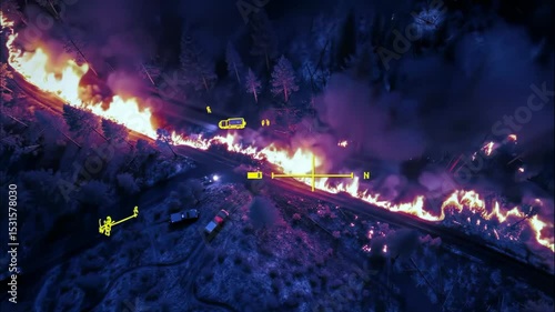 Thermal aerial view of a wildfire at night with emergency crews.