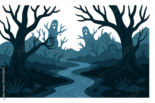 A spooky forest scene featuring a stream, created using vector illustration techniques