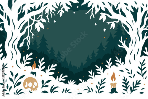 A dark magic themed fairytale forest backdrop with text space is suitable for creating posters, prints, and greeting cards