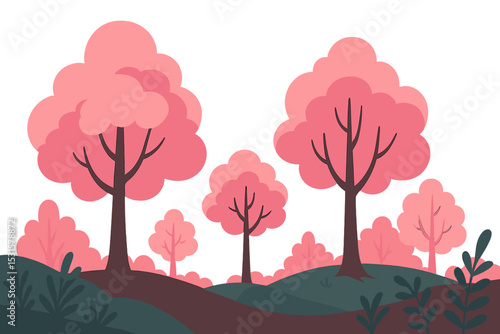 A cartoon fantasy forest featuring pink trees is depicted in this vector background illustration