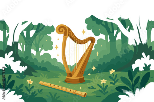 A forest of breathtaking beauty, home to fairies, where an enchanted harp and a magical flute reside