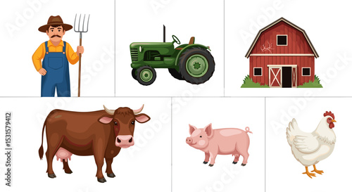 Illustration showing a farmer with a pitchfork tractor barn cow pig and chicken on a white background