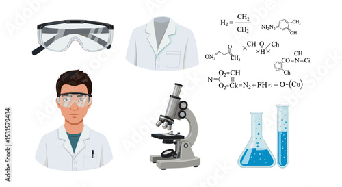 Illustration of scientist with lab coat goggles microscope test tubes and chemical formulas on white