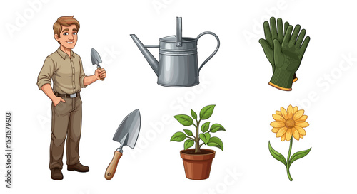 Illustration of a gardener with tools, including a watering can, gloves, shovel, plant and flower