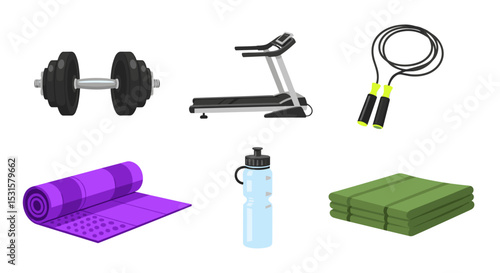 Illustration showing various fitness equipment including dumbbells treadmill and skipping rope on white background