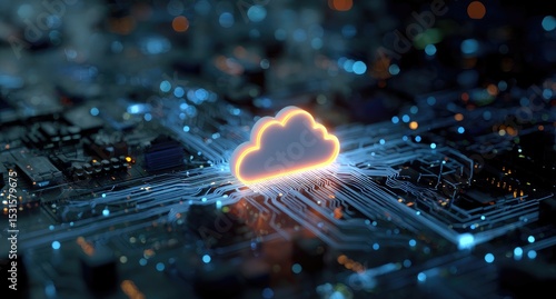 Glowing cloud icon on intricate circuit board
