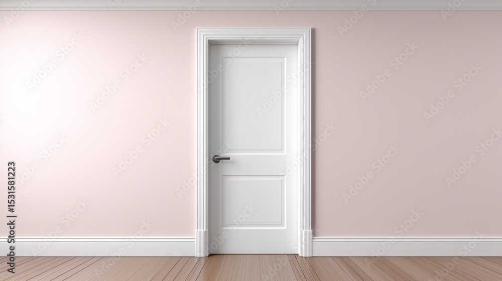Fototapeta premium Modern interior design featuring white door against soft pink wall