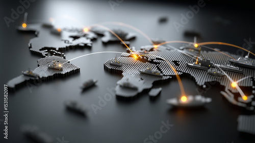 Fototapeta Naklejka Na Ścianę i Meble -  Illustrated world map with ships and transportation lines, dynamic and modern, global shipping, international trade, digital network, world connectivity.