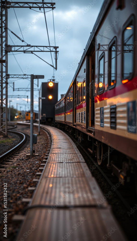 Fototapeta premium Train moving on curved railway track during twilight in urban area 