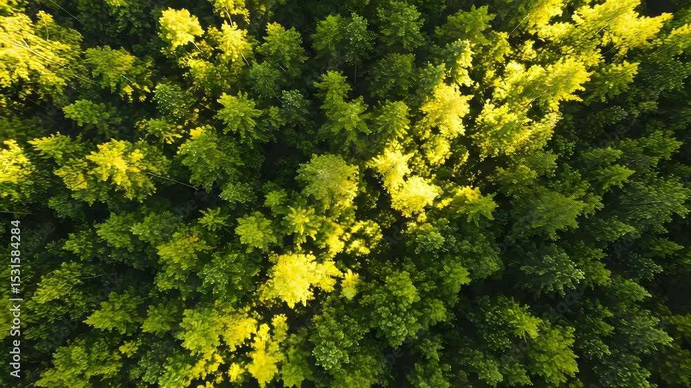 Overhead View of Dense Green Forest Canopy with Sunlight Highlighting Certain Trees in Summer Overhead View of Dense Green Forest Canopy with Sunlight Highlighting Certain Trees in Summer