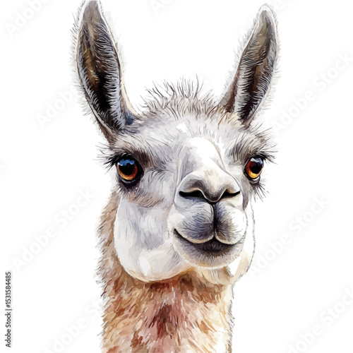 watercolor vector of Llama Close Up, isolated on a white background.
