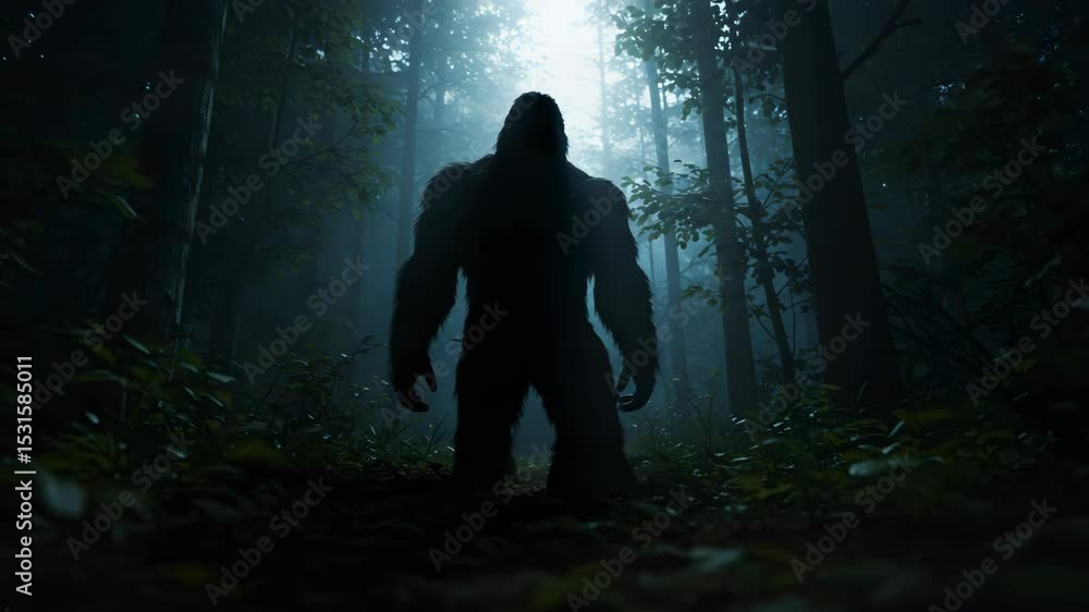 Silhouette Of An Ape Like Creature Stands In A Dark Forest In Ethereal Moonlight Bathed In Trees Lush Undergrowth Creates Suspenseful