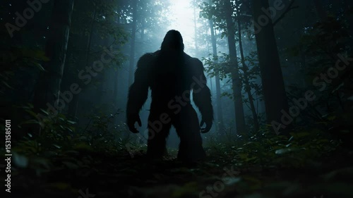 Silhouette Of An Ape Like Creature Stands In A Dark Forest In Ethereal Moonlight Bathed In Trees Lush Undergrowth Creates Suspenseful