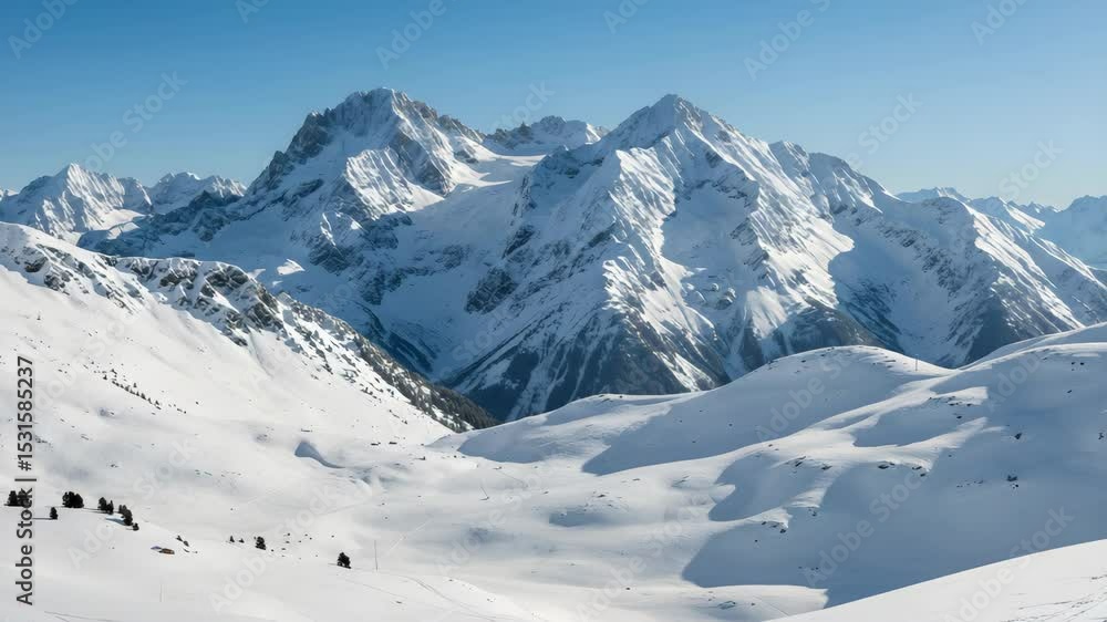 Snow Covered Mountain Peaks on a Sunny Day in Winter Landscape with Clear Blue Sky Above Tranquil Pristine Scene Snow Covered Mountain Peaks on a Sunny Day in Winter Landscape with Clear Blue Sky Above Tranquil Pristine Scene