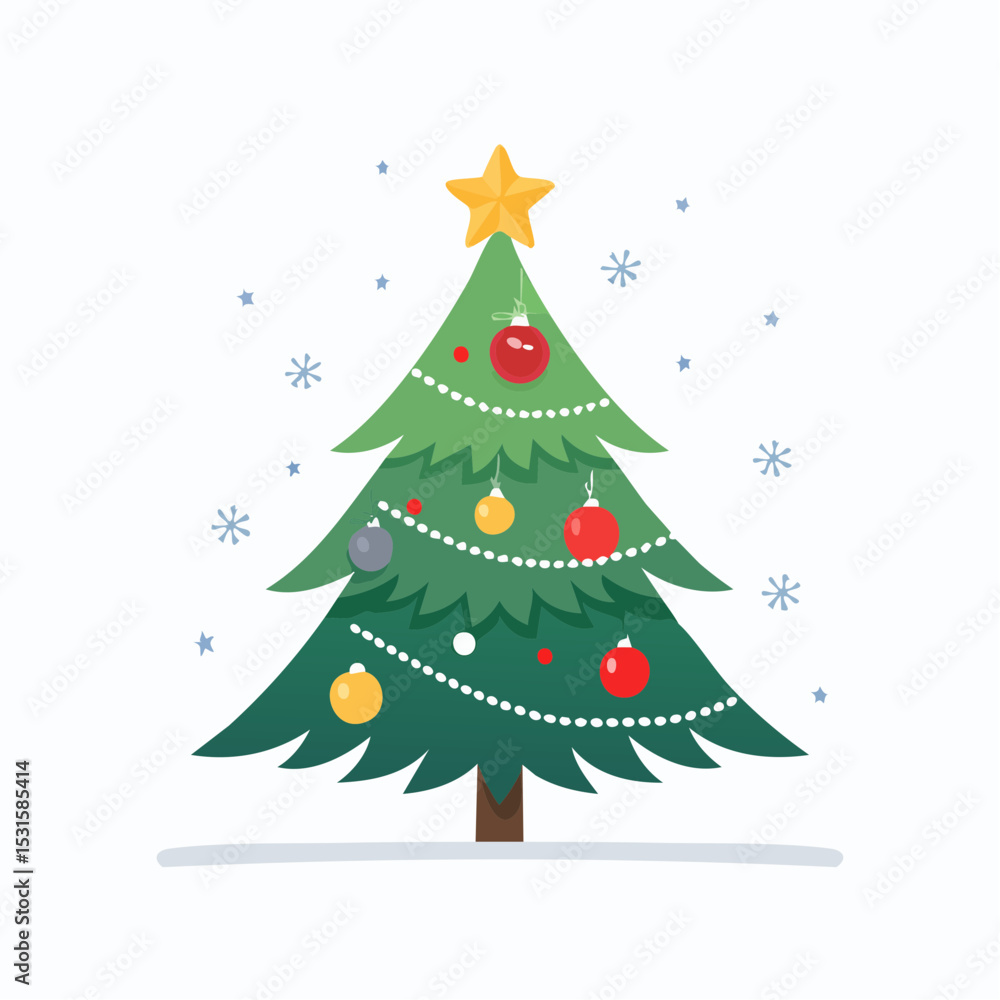Vector of Christmas tree with ornaments and star on plain white background. Vector of Christmas tree with ornaments and star on plain white background.