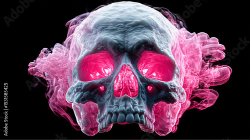 A skull with glowing pink eyes surrounded by pink smoke against a black colored background image art