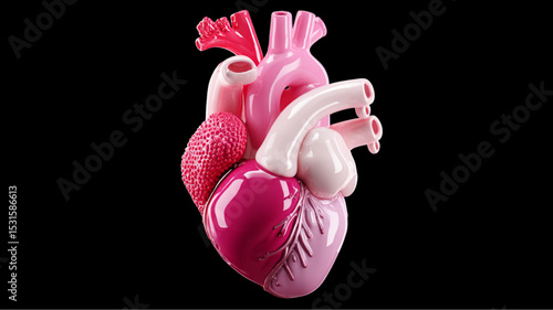 Anatomical heart model in various shades of pink and white against a black background studio shot