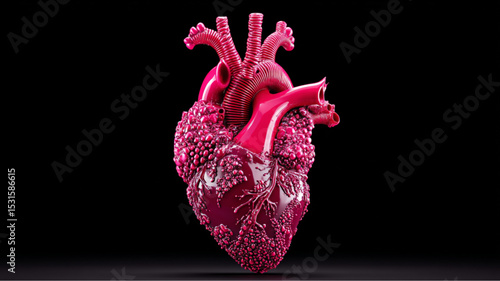 A detailed view of a pink anatomical heart model with textured surface on a dark background studio shot