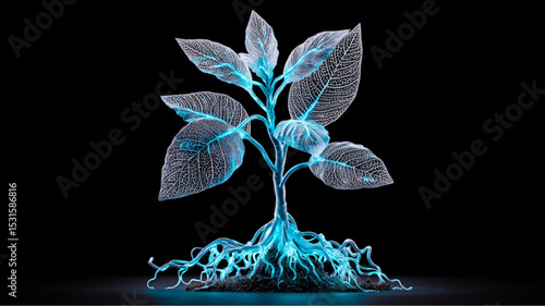 A glowing plant with skeletal leaves and roots against a black background in a studio setting