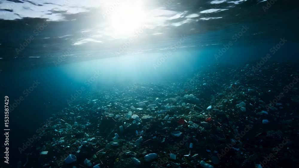 Vast Ocean Plastic Waste Underwater Scene with Sun Rays Pollution Crisis Vast Ocean Plastic Waste Underwater Scene with Sun Rays Pollution Crisis