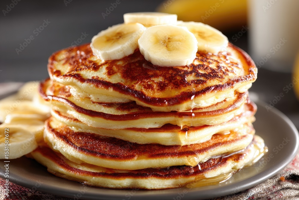 Stack of golden brown pancakes topped with sliced bananas and drizzled with honey Stack of golden brown pancakes topped with sliced bananas and drizzled with honey