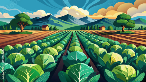 cabbage plantations grow in the field. vegetable rows. farming, agriculture. Landscape with agricultural land. crops. selective focus