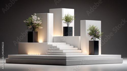 Minimalist display with plants on white platforms and stairs against a gray gradient background.,