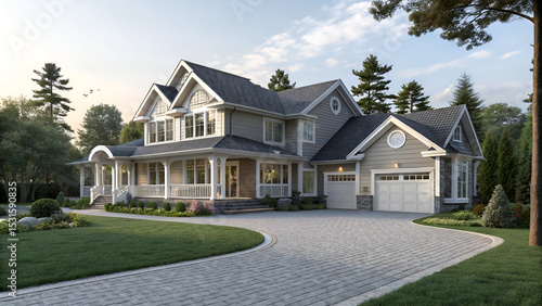 Elegant Two-Story House with Lush Landscaping and a Stone Facade