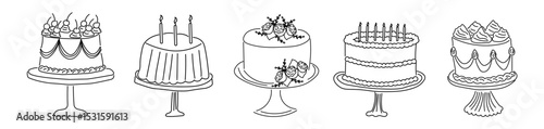 Set of hand drawn birthday cakes. Vintage cake illustrations with candles, floral decor and whipped cream. Perfect for coloring pages, baking blogs, party printables