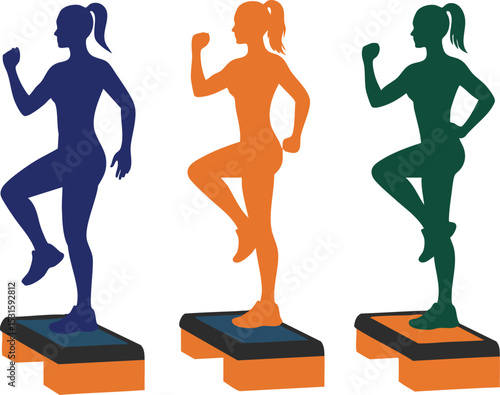 Women exercising on aerobic steps in navy blue orange and green silhouettes vector illustration 