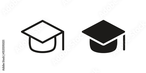 set of graduation hat icons in outline and solid styles, representing education, academic achievement, school events, graduation ceremonies, and learning platforms