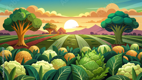 Broccoli plantations in the sunset light on the field. Cauliflower. Growing organic vegetables. Eco-friendly products. Agriculture and farming. Plantation cultivation. Selective focus